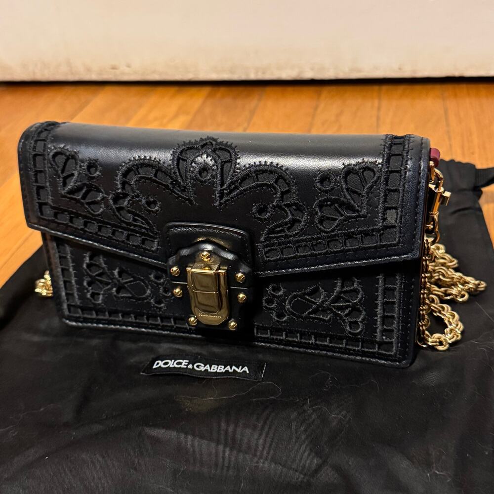 Dolce & Gabbana Lucia Mini Crossbody Clutch Black Embroidered Nappa Leather